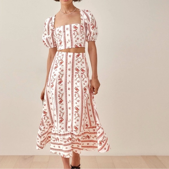ISO Reformation Yucca skirt set white red floral stripe 8 - Picture 1 of 1